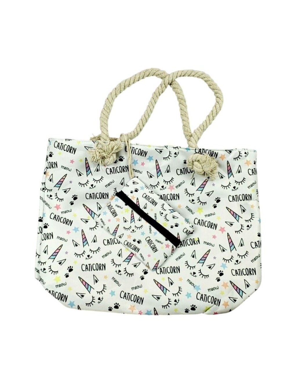 Caticorn Canvas Tote Bag Rope Handles Matching Pouch White With Multicolor Print
